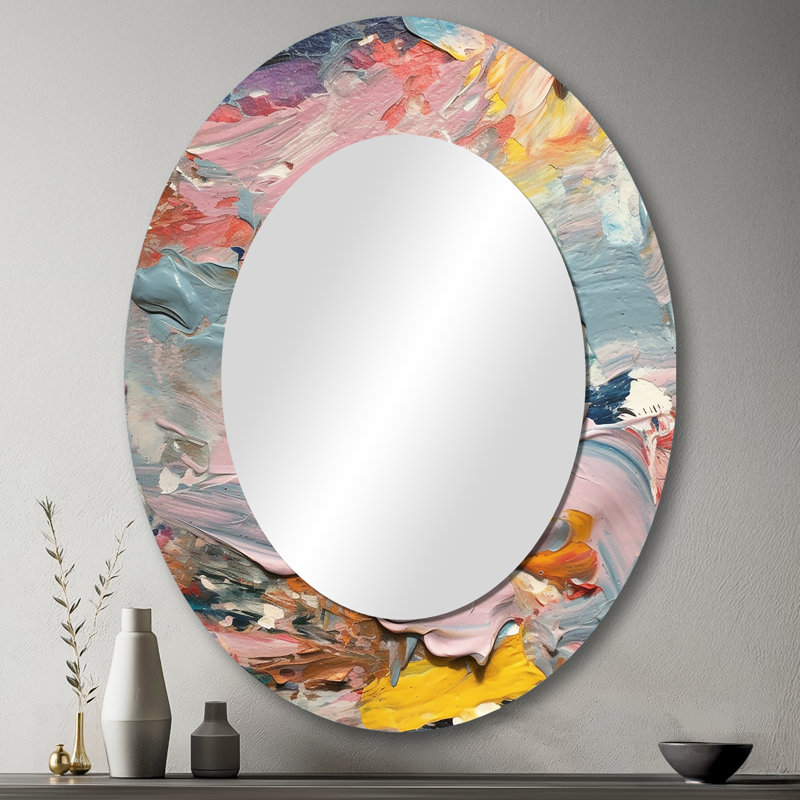 Summer Pastel Groove Expressionnisme abstrait - Grand miroir mural ovale sur métal, 43 po x 33 po