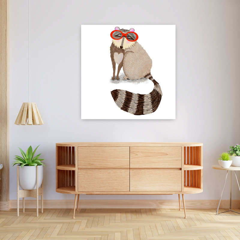 Raccoon Red Sunglasses Playful Whimsical Contemporary Animal Forest Wall Art Print by Lynnda Rakos - Wrapped Canvas Print