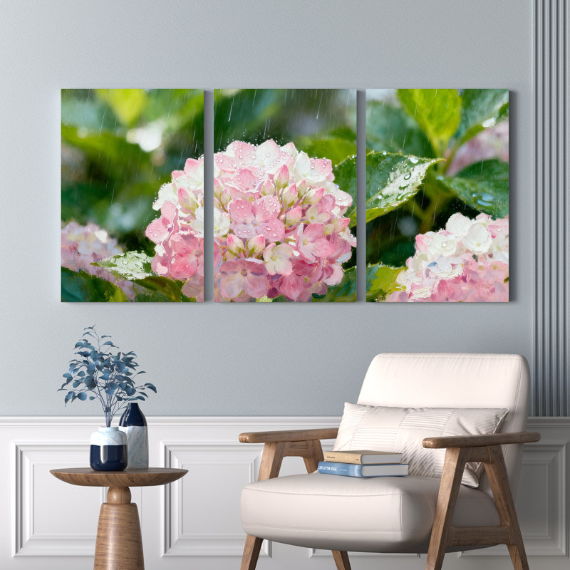 «Rose hortensia rose sous la pluie», art mural tendu sur toile, ensemble floral (ensemble de 3), H 18 po x l 36 po