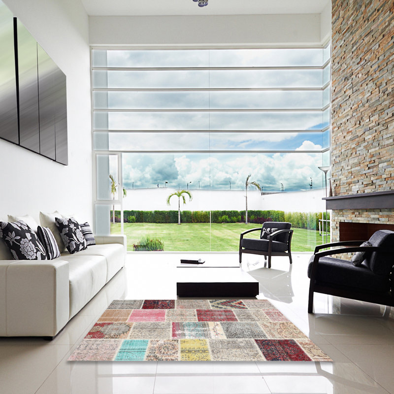 Tapis gris/rose/beige contemporain, Carré 7 pi