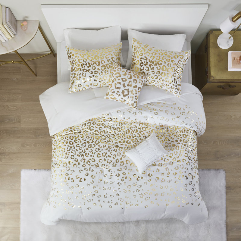 Ivory and Gold Microfiber Leopard Print Comforter Set