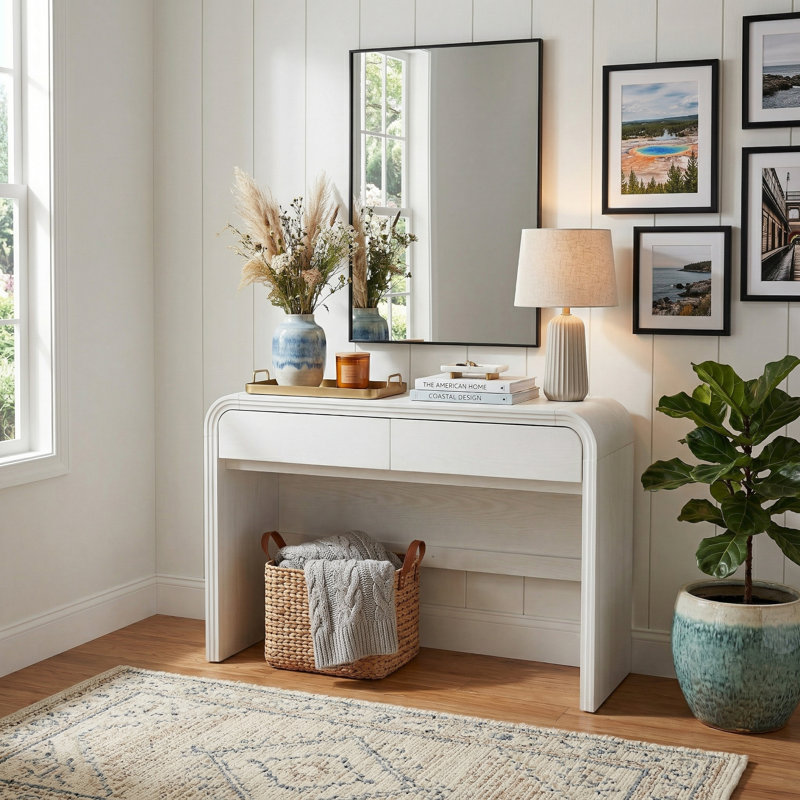 Curved Edge 47.24" Wide White MDF Console Table with 2 Drawers, White
