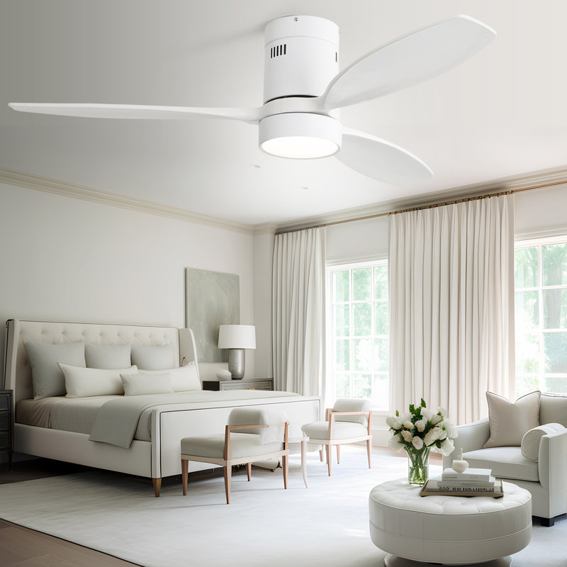 Nicola 52" 3-Solid Blade Classic Flush Mount Ceiling Fan With Light and Remote Control, White, White