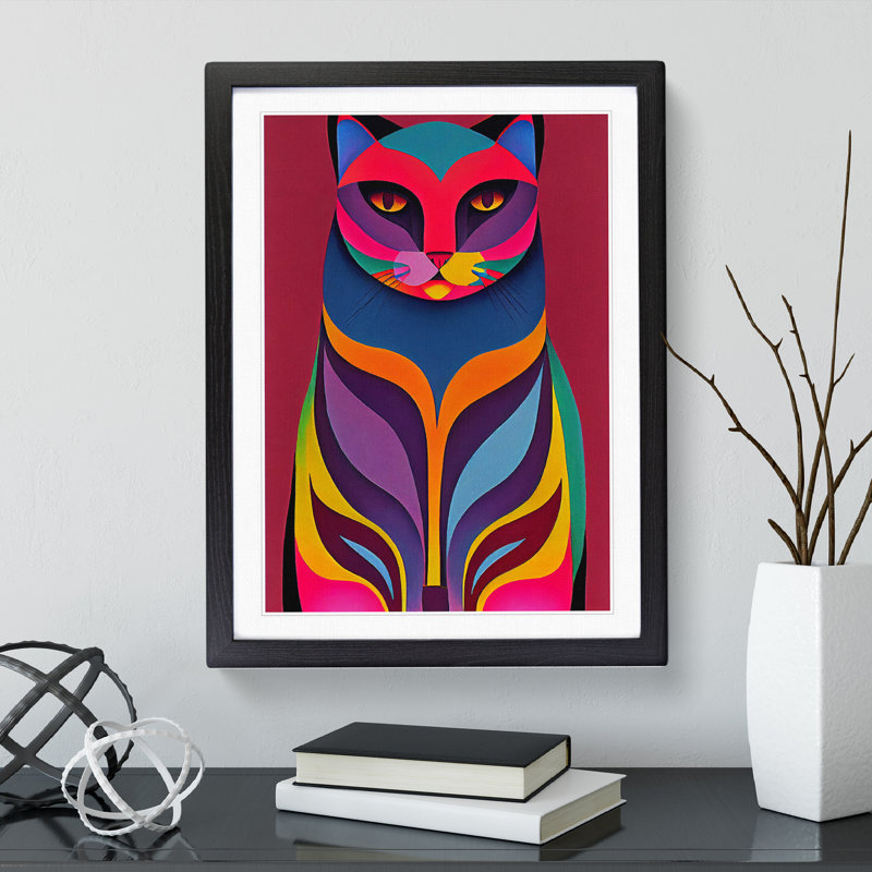 Vibrant Cat Abstract - Single Picture Frame Print, 64cm H x 46cm W x 2cm D, Black 