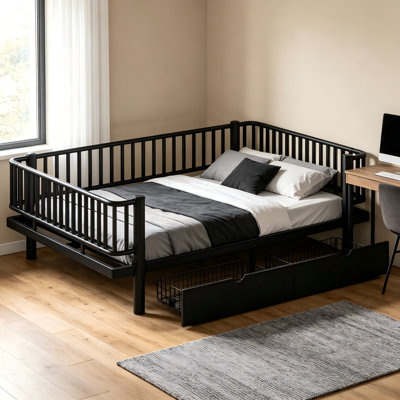 Metal Full Size Platform Bed Frame with Underbed Storage Drawers Low Profile Round Pipe Design，Black