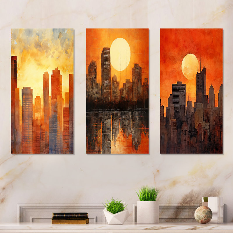 Coucher de soleil, coucher de soleil, gratte-ciel, ensemble de 3 gravures sur métal, H 32 po x l 48 po