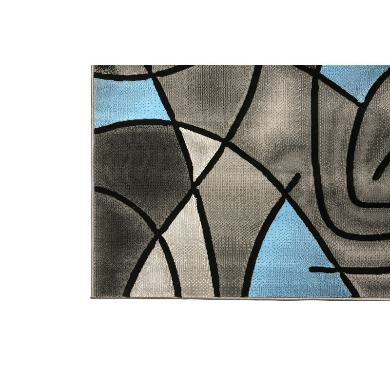 Tapis abstrait gris anthracite / bleu Mahle, Rectangle 7 pi 9 po x 10 pi