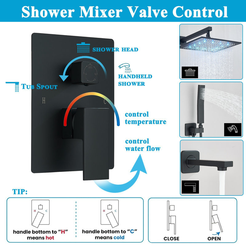 LED Bathroom 12" Rain Shower Faucet Combo Set Black Trim Combo Set Tub Spout Tap