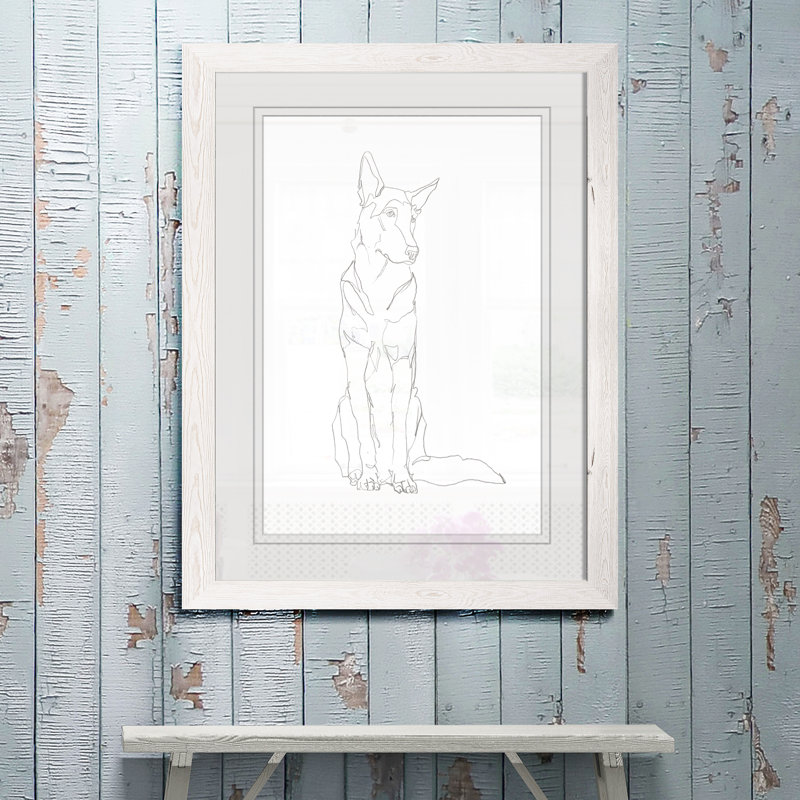 « dog contour i », reproduction de dessin du cadre photo, Imprimé encadré blanc, H 32 po x l 44 po x 1,25 po