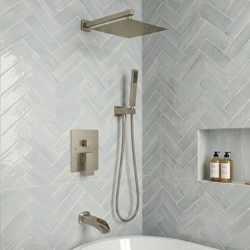Kubik 12 in. Square Shower System with Tub Spout (Valve Included), Brushed Nickel