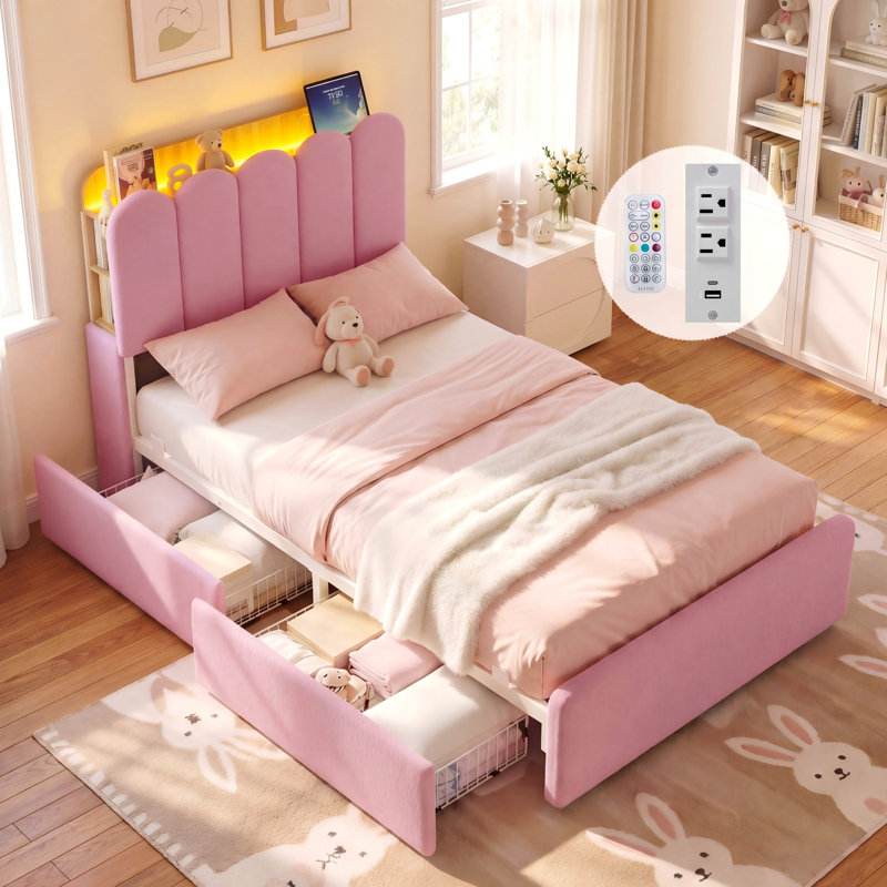 Pink Upholstered Twin Bed Frame with Storage Shelves, LED Lights and Outlet for Girls Bedroom