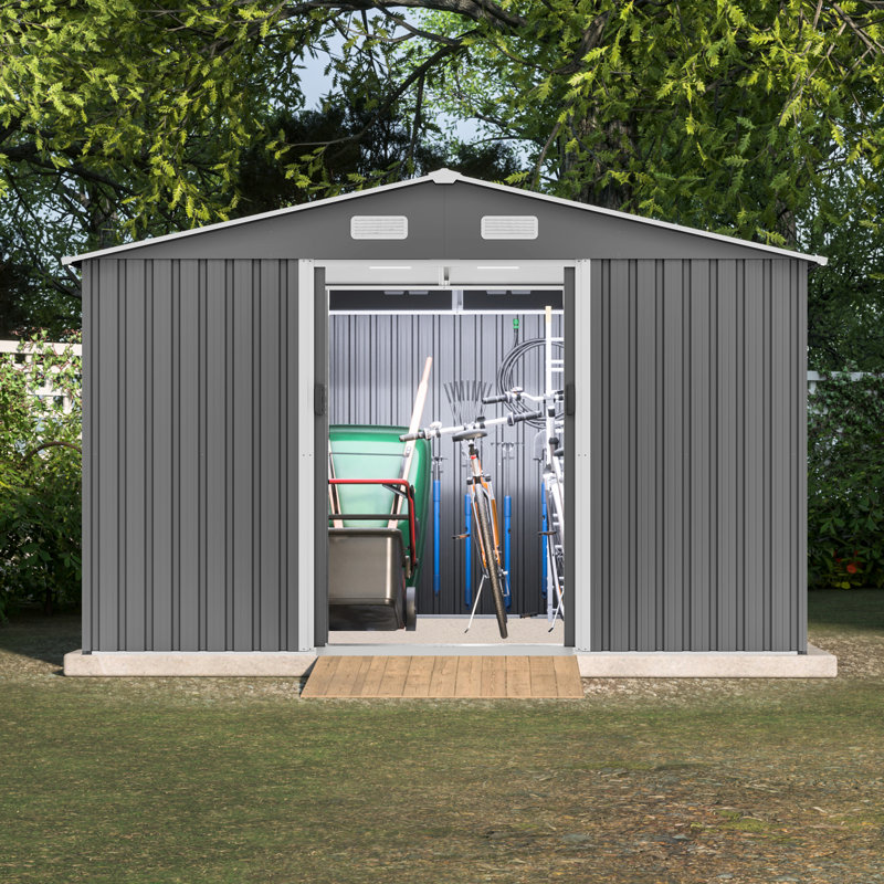 Remise extérieure en métal verrouillable 10 pi x 8 pi, gris pour rangement de patio, verrouillable, teinte