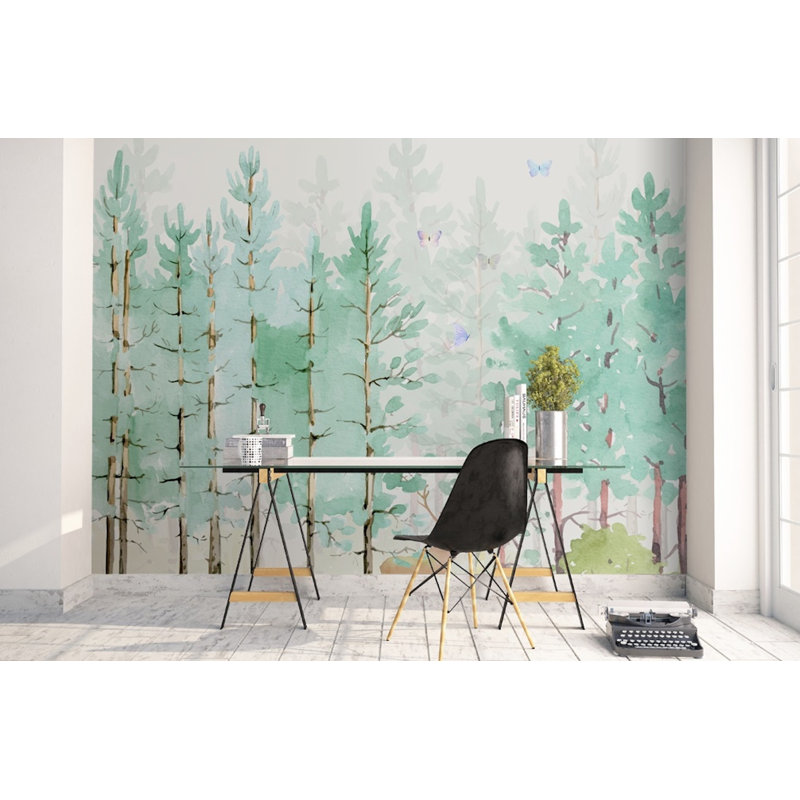 Papier peint amovible avec aquarelle et papillons verts, L 48,96 po x l 75 po