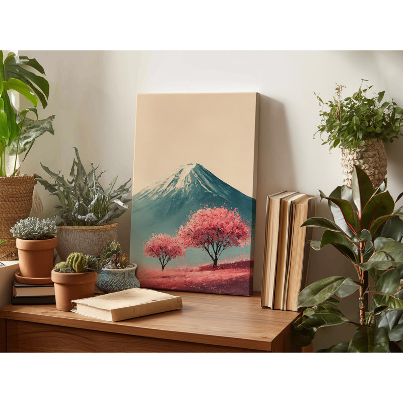 Mont Fuji, impression de fleur de cerisier sur toile - peinture japonaise, paysage de Sakura rose, décor minimaliste pour le salon