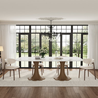 94" Rectangular Stone Dining Table with Dual Solid Wood Pedestal Base