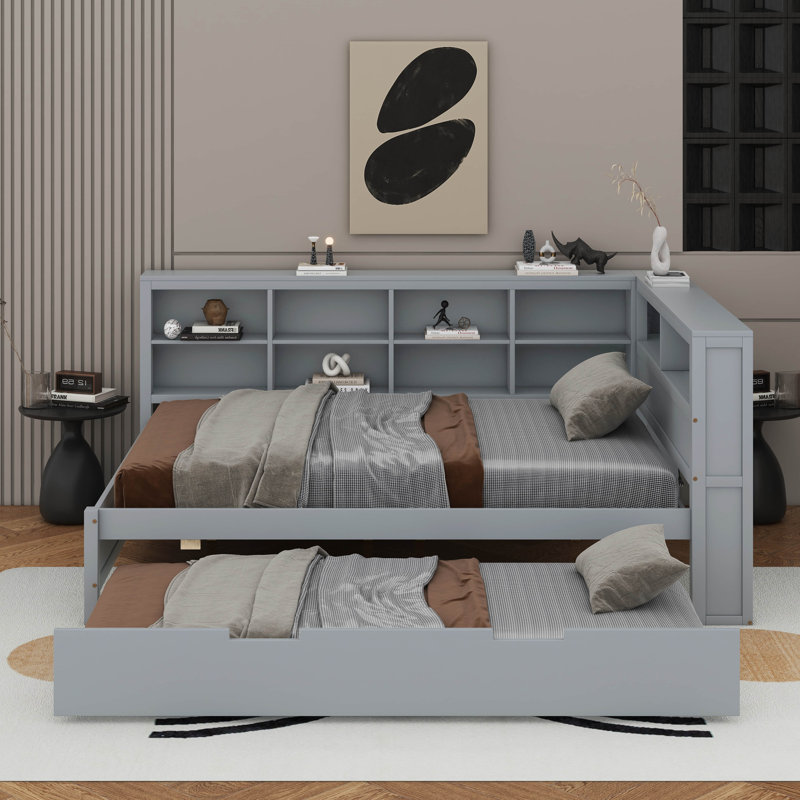 Full Wooden Daybed With Trundle, Storage Shelf And USB Charging Ports, Grey