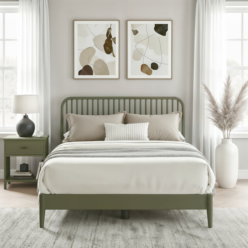 Kentwood Solid Bed Pair with Bedside Table 2 Piece Bedroom Set, Kale Green