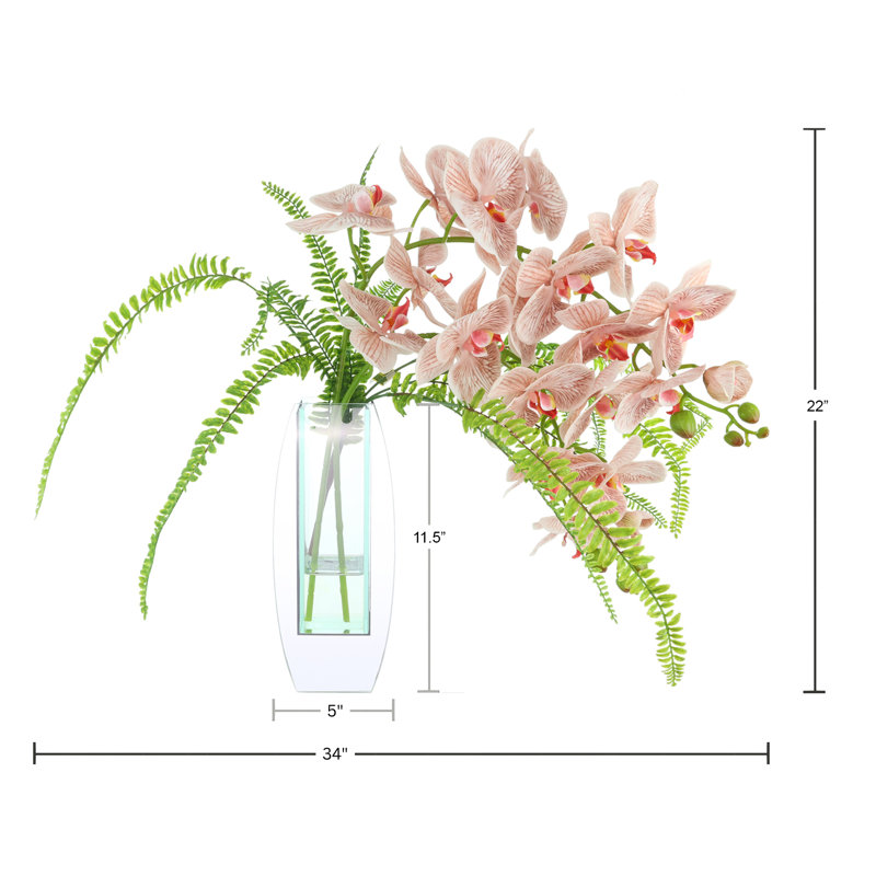 Orchidées et fougères disposées dans un vase miroir en verre avec fougères