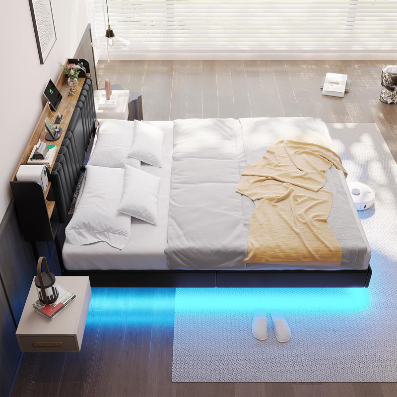 California King Floating Led Bed Frame With Hidden Storage Headboard And Charging Station Cal King Size Visual Floating Platform Bed With Led Lights,no Box Spring Needed,black+rustic