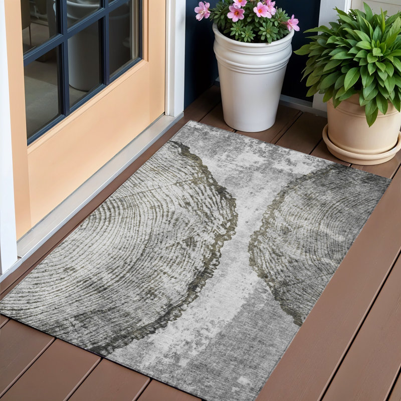 Tapis extérieur lavable abstrait taupe et argent 3 pi x 5 pi gris