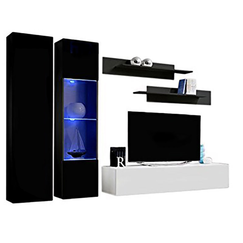 Villard 100" Modern Floating Wall Mounted Entertainment Center with 16-Color LED Lighting, High Gloss Finish, Black/White