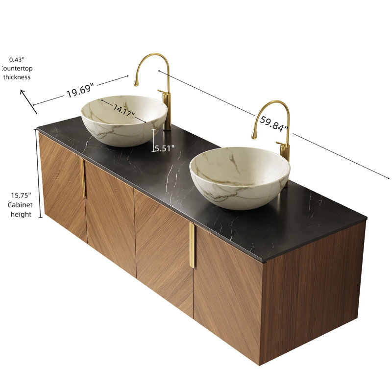 Meuble-lavabo de salle de bain 60 po ARAI, armoire de rangement flottante en contreplaqué avec 4 portes, 2 cuves en céramique avec motif en pierre et comptoir en pierre frittée noire, couleur grain de bois de chêne brun