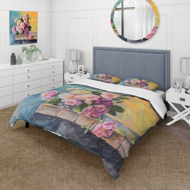 Nature morte aux fleurs roses - Ensemble de housse de couette traditionnel - Microfibre de polyester