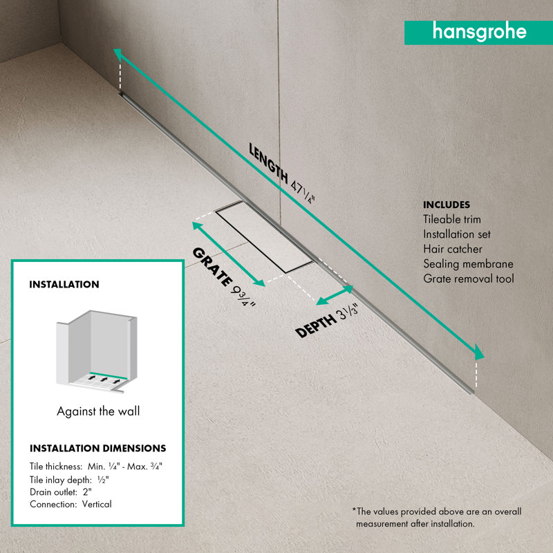 hansgrohe RainDrain Minimalistic Complete Set 2", 47 1/4" Trim and Installation Set
