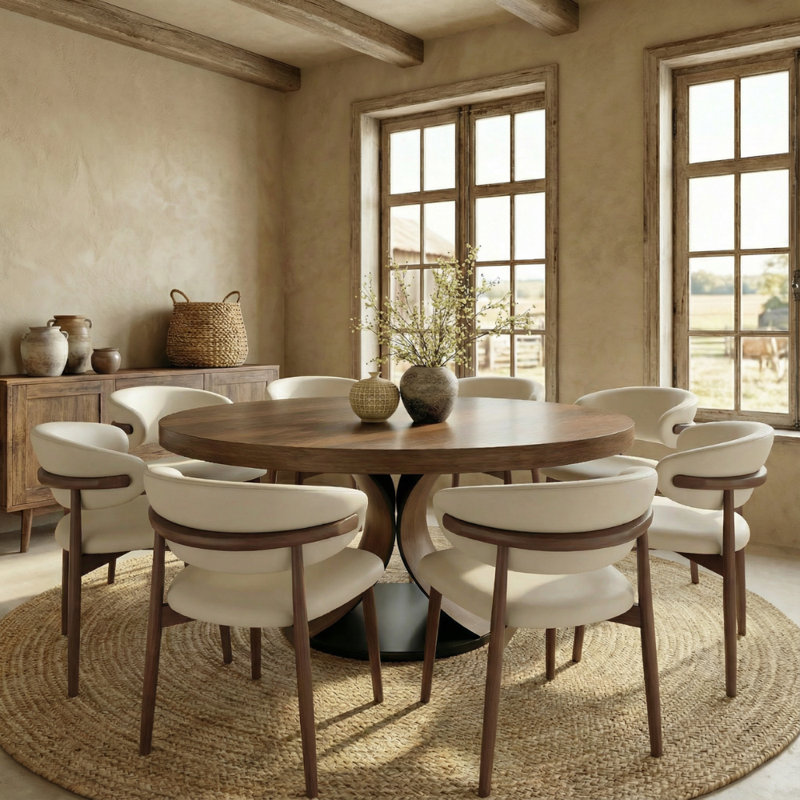 5/7/9 Pieces Solid Wood Round Dining Table Walnut Kitchen Room Set, 9 Pieces: Table, 8 Chairs, 29.52" H x 59.05" W x 59.05" D