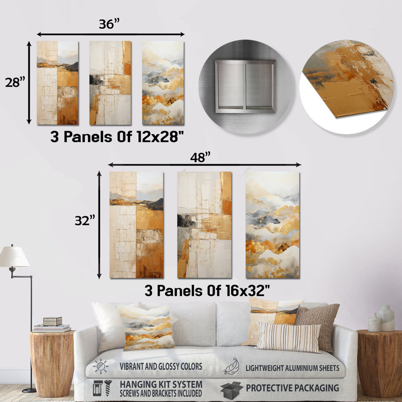 Beige And Gold Minimal Expression - Abstract Shapes Metal Wall Decor Set Of 3, 28" H x 36" W