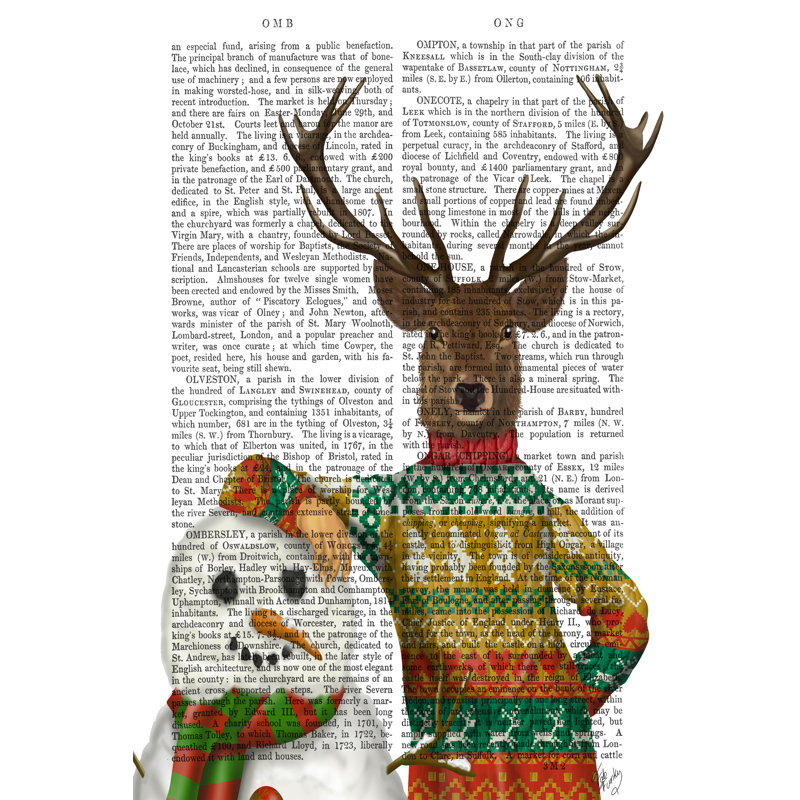Deer In Christmas Sweater With Snowman by Fab Funky - Wrapped Canvas Print, 122cm H x 81cm W