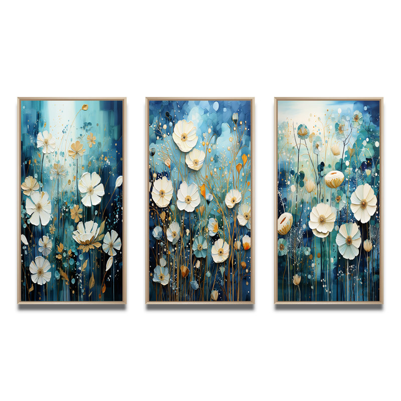 «Blue Tranquil Gardens», 3 pièces sur toile, Encadré naturel, H 32 po x l 48 po