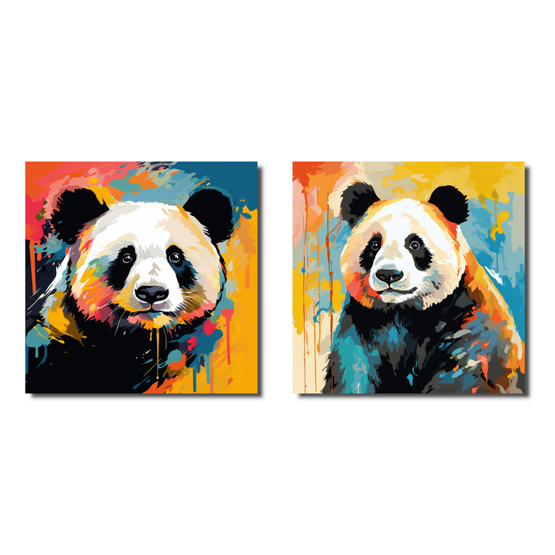 Pop Art Coloful Panda I - ensemble de 2 décorations murales Panda, Toile tendue, H 16 po x l 33 po x P 1 po