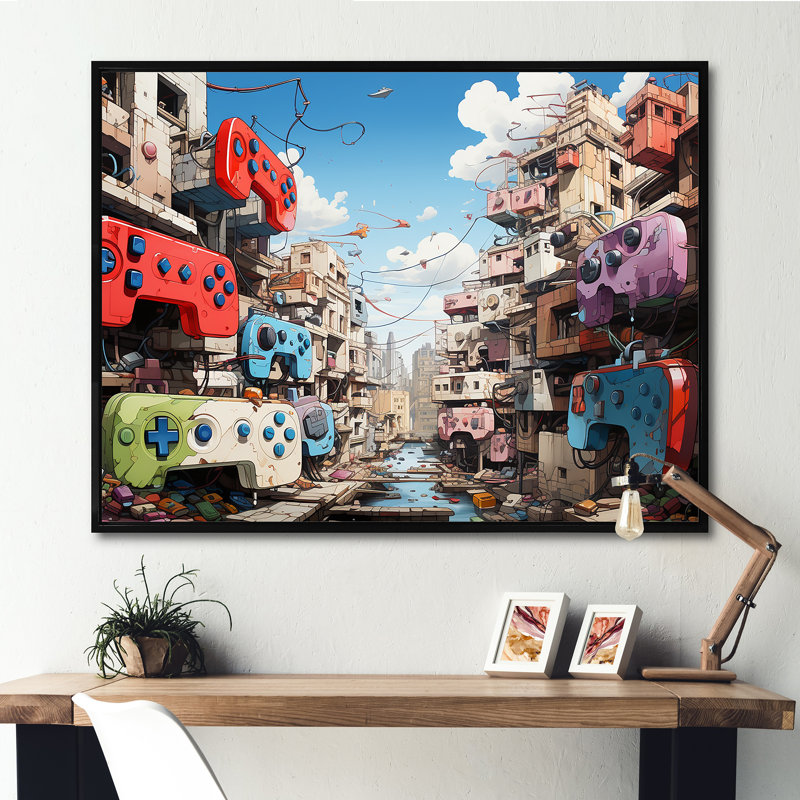 Pop Gaming Controllers Dreamscape - Art mural de jeux vidéo, Cadre flottant noir, H 30 po x l 40 po x P 1,5 po