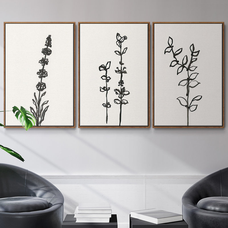 Encre botanique croquis, ensemble de 3 pièces encadrées sur toile, Cadre noyer, H 40 po x l 78 po