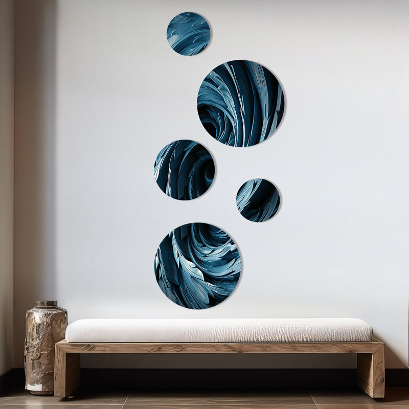 «Spiraling Blue Abstract Vortex I», ensemble d'art mural rond en spirale abstraite de 5