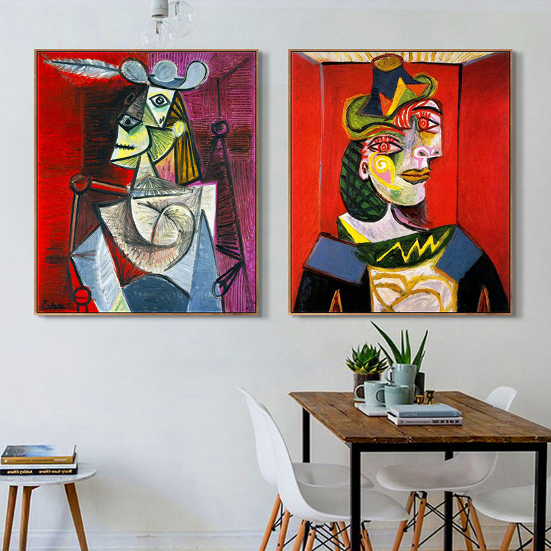 Ensemble de 2 toiles encadrées par Pablo Picasso Wall Art Series # 3 Living Office Home Decorations, Cadre mince couleur bois