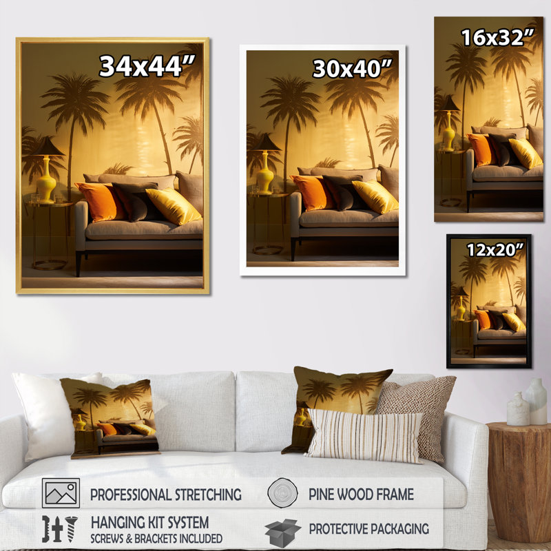 Golden Grove Palm Tree Shadows II sur toile, Encadrement doré, H 32 po x l 24 po x P 1 po
