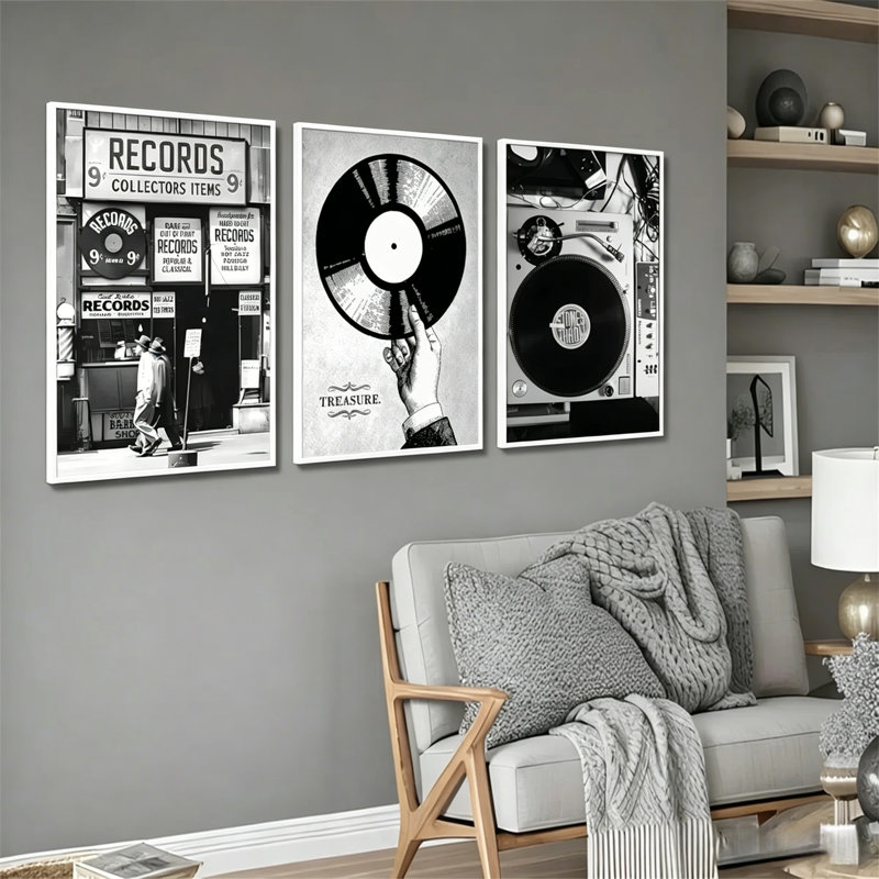3Pcs Retro Music Poster Wall Art, Black and White Photography Print Set, Preppy Vinyl Record Store Decor, Rock Music Lovers Artwork for Recording Studio Club Home Decoration (Multiple Sizes, Framed/Unframed/Canvas Options)