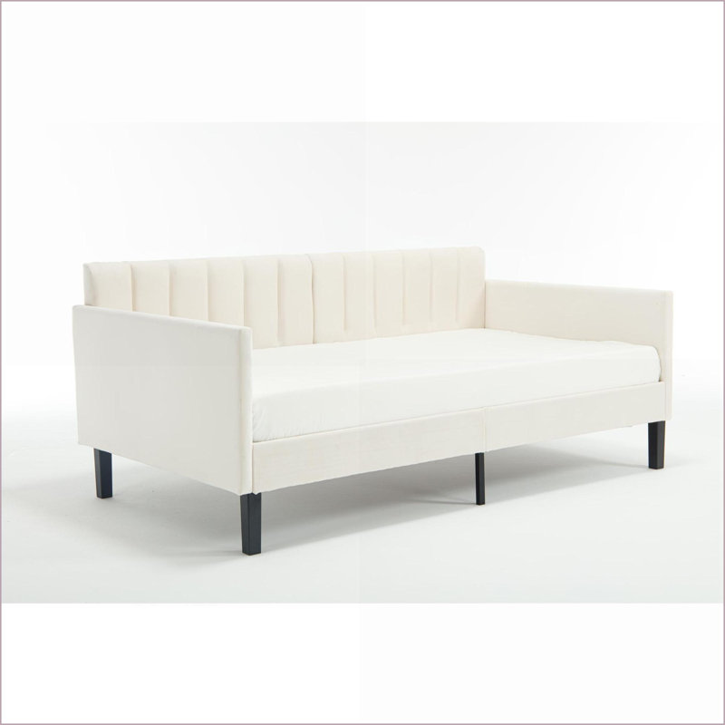 Twin Size Beige Velvet Upholstered Daybed with Tufted Backrest - Squeak-Free Metal Frame, No Box Spring Needed for Living Room