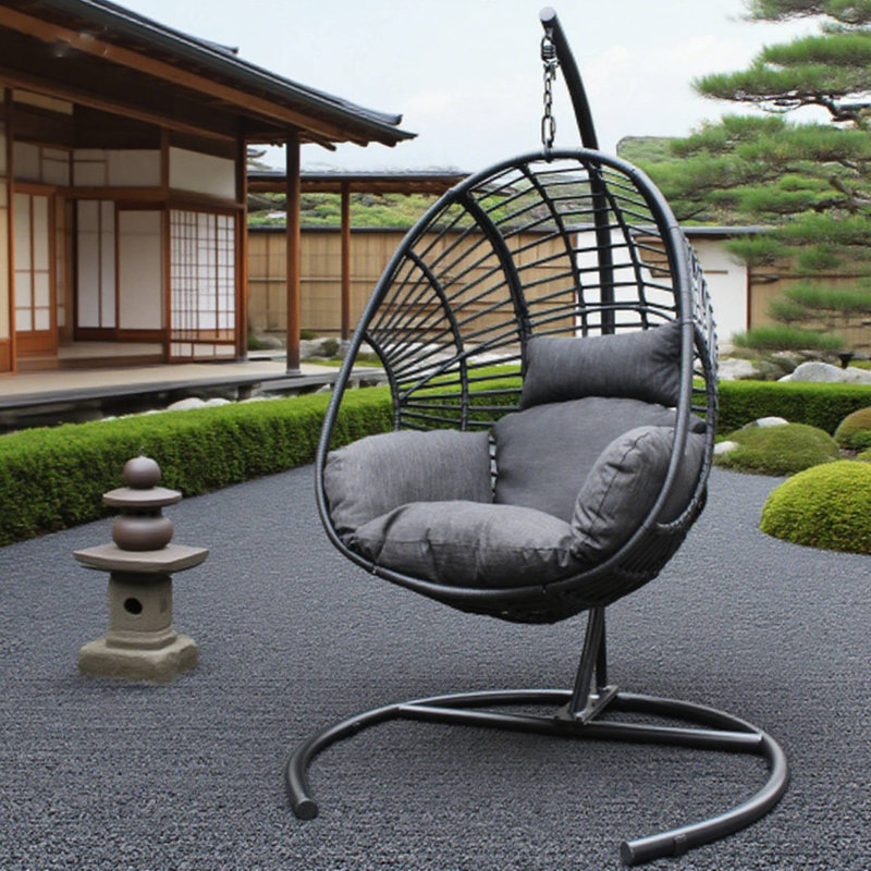 Balancelle en osier PE noire pour intérieur / extérieur - Coussin anthracite de haute qualité, base noire