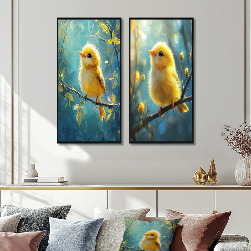Bébé pinson sur une branche ensoleillée I - animaux, collection de 2 panneaux d'art mural, H 32 po x l 33 po