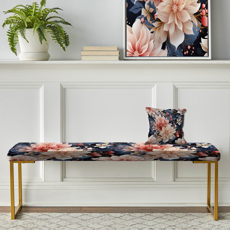 Floral Upholstered Gold Bench, Blue And Gold Geometric Floral Harmony Fusion I