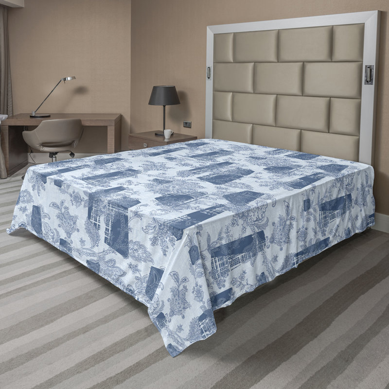 Drap plat Ambesonne Folk Floral Fleurs Boho géométrique bleu pâle et bleu ciel foncé