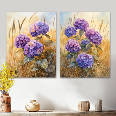 Hydrangeas in a Golden Field I - Mauve nature, impression murale surdimensionnée en métal 2 pièces