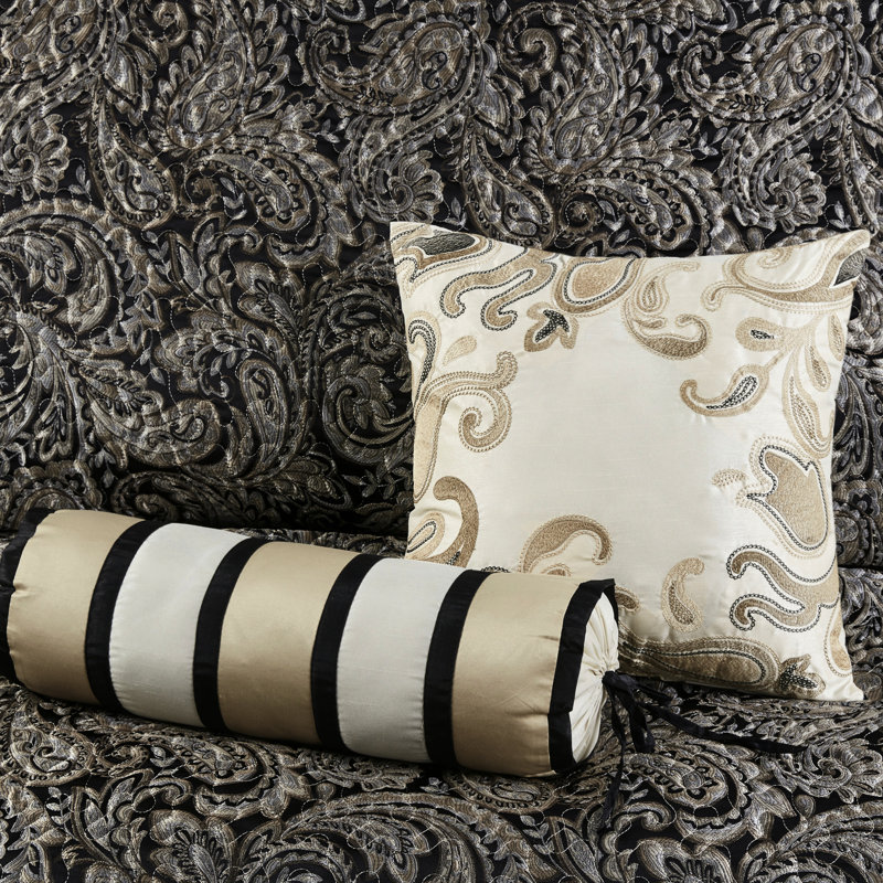 Couvre-lit 5 pièces très grand noir élégant avec coussins décoratifs, Noir