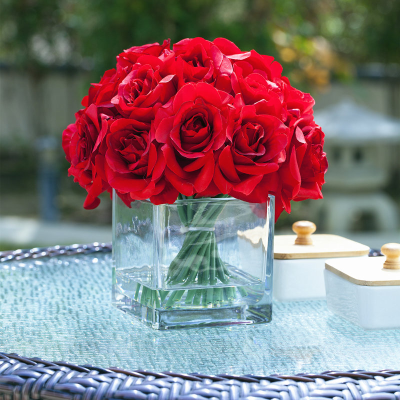 Fabric Rose Arrangement in Vase, Red