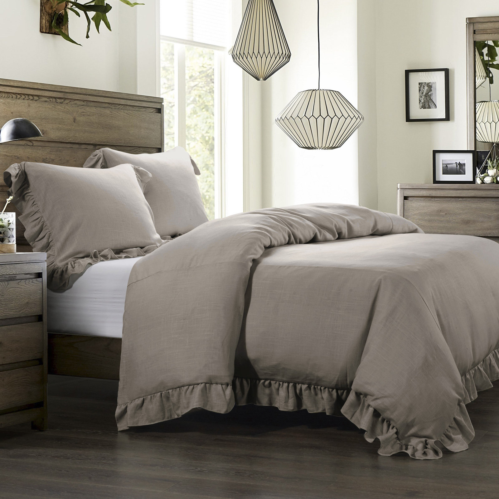 Lily Linen Duvet Cover Set, Gray, Queen Duvet Cover
