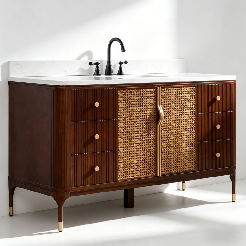 60" Freestanding Single Sink Solid Wood Mid-Century Glam Bath Vanity with Engineered Marble Top, Brown