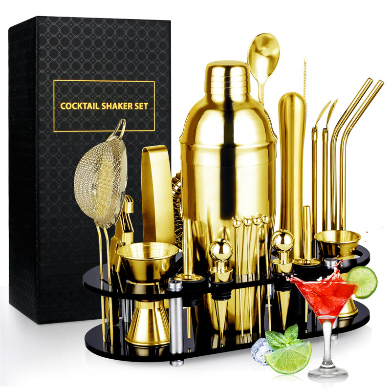 Prep & Savour 25 Piece Stainless Steel Cocktail Shaker Bar Tool Set With Stand, Gold